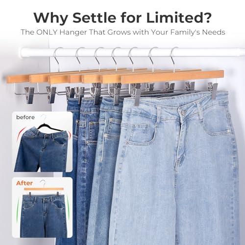 Wooden Pants Hangers with Clips - Natural Finish, Pack of 25 - Strong Clamping Skirt Hangers