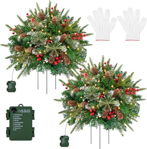 NatuBeau 24-Inch Pre-lit Outdoor Christmas Urn Filler, Green, 2 Pack