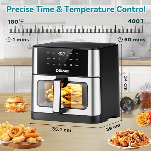 Deime 10.2 QT Air Fryer Silver 1700W with 10 Presets, Visual Cooking Window