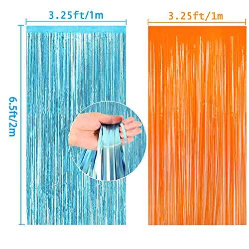 2 Pack Blue Orange Foil Metallic Fringe Curtains for Party Decorations Blue Orange Curtain Backdrop Streamer for Birthday Party Dart War Party Supplies Party Decors, 3.25ft x 6.5ft x 2pcs
