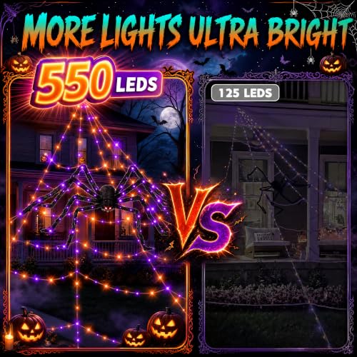 Halloween Spider Web Lights Outdoor 550 LEDs Purple & Orange with Remote & Timer - Waterproof Yard Decor