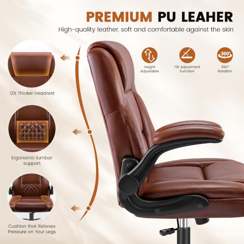 Stella Mia Dark Brown Office Desk Chair with Flip-Up Arms, Ergonomic Support