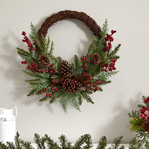 Nearly Natural 22-Inch Artificial Christmas Wreath with Pinecones & Holly Berries
