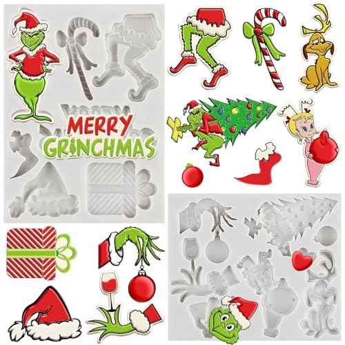 Sijiangmold Merry Christmas Fondant Molds Funny Cartoon Character Silicone Molds Green Hand Resin Molds Xmas Tree Gift Cake Decorating Molds For Cupcake Topper Polymer Clay Gum Paste Set Of 2, Gray