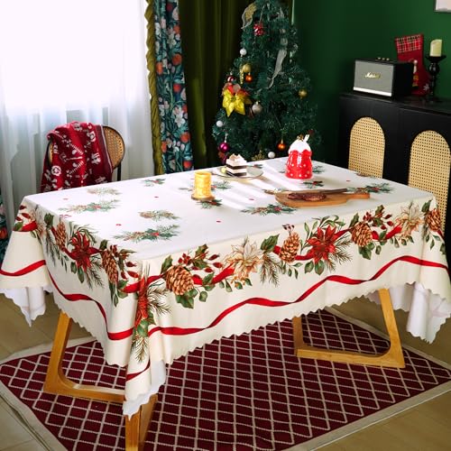 HOMOHEINI Christmas Tablecloth 60x84 White Rectangle with Trees & Snowman, Washable Polyester