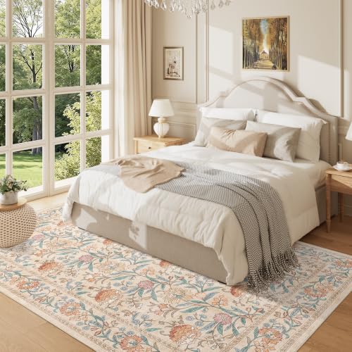 Beige Vintage Floral Washable Area Rug 5x7 for Living Room & Bedroom