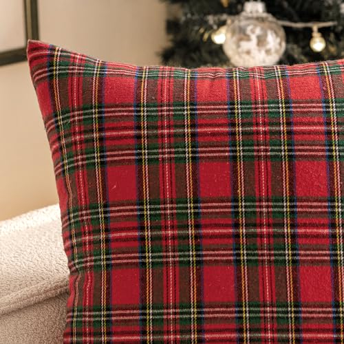 Woaboy Christmas Set of 2 Scottish Tartan Throw Pillow Covers Farmhouse Classic Plaid Decorative Couch Pillows Home Decor for Sofa Living Room Bed 18x18 Inch, Red