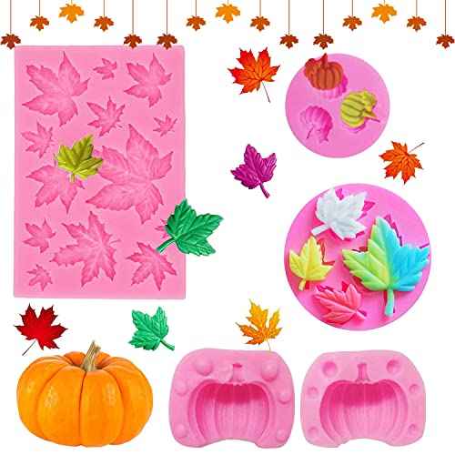 4Pcs Autumn Silicone Pumpkin Mold and Mini Maple Leaves Fall Chocolate Molds for Halloween Thanksgiving Cake Decoration DIY Fondant,Baking,Mini Cake,Clay and Soap¡¦