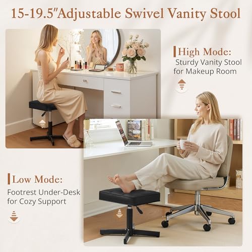 LUE BONA Adjustable Vanity Stool Black Upholstered Faux Leather Swivel Chair