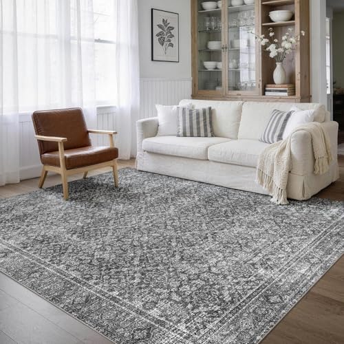 6x9 Washable Area Rug - Vintage Floral, Nonslip Grey Carpet for Living Room & Bedroom - Variation: Grey / 6' x 9'