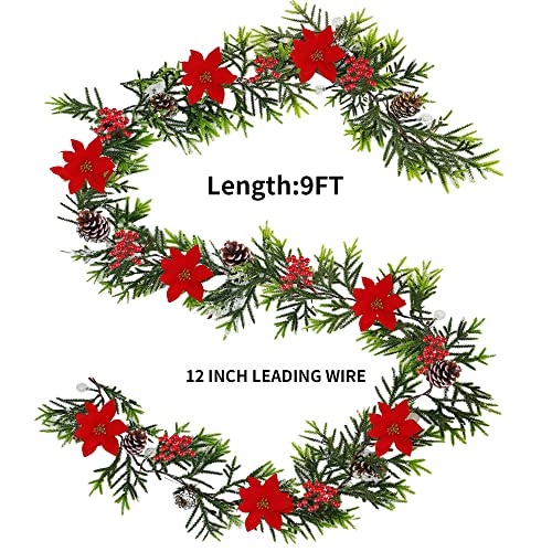 Juegoal 2 Pack 9ft Pre-lit Artificial Christmas Garland with Lights, Poinsettia & Pine Cones