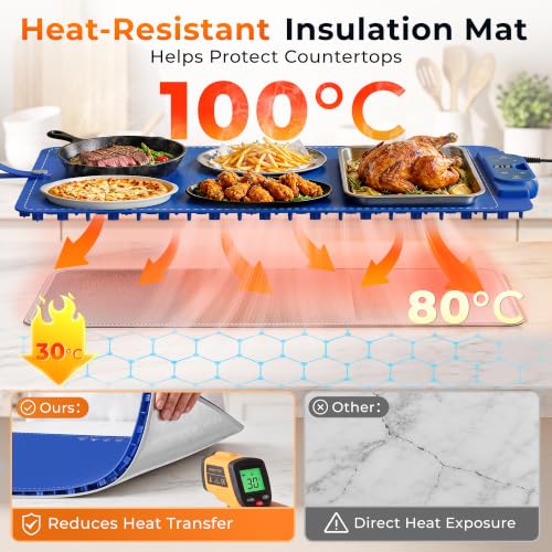 Blue Warming Mat for Food 26x15 Inch, 7 Heat Levels, 8H Timer - FJAU