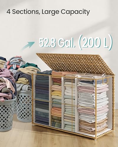 SONGMICS Natural 200L 4-Section Laundry Hamper with Lid & Mesh Bags