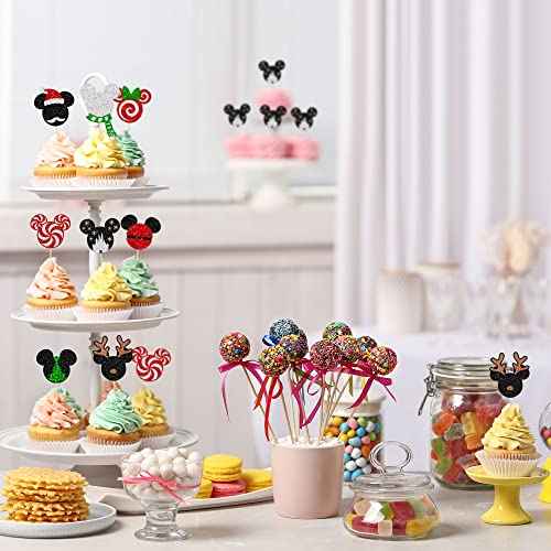 24Pcs Glitter Mini Mouse Inspired Christmas Cupcake Toppers Snowflake Deer Santa Hat Mini Christmas Cupcake Picks Decorations for Merry Christmas Theme Party Supplies