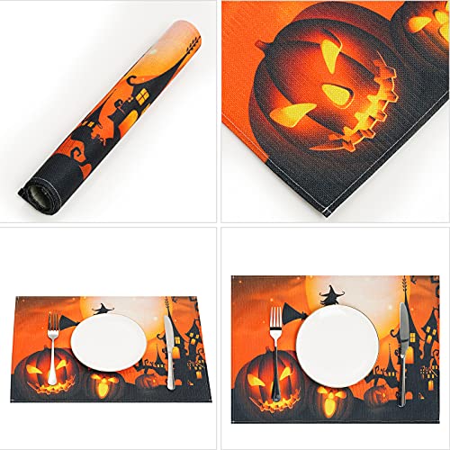 Halloween Placemats Set - Washable Linen Table Mats with Pumpkins & Ghosts, 4 Pack