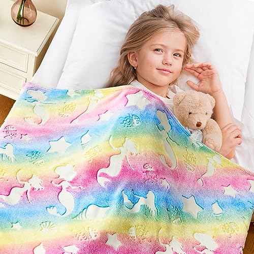 Cloele Glow in The Dark Blanket Mermaid Toys for 2 3 4 5 6 7 8 9 10 Year Old Kids Girls - Mermaids Room Decor Flannel Travel Throw Blanket Glowing Luminous Birthday Christmas Valentines Gifts,50"x60"