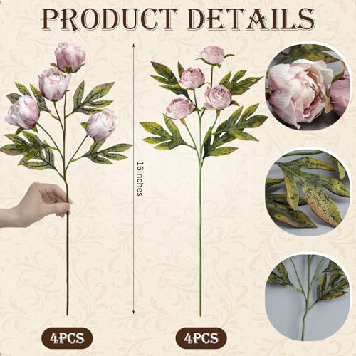 Artificial Peony Flower Stems - Vintage Silk Faux Flowers for Vase Arrangement, 8 Pack - Brownish Variation