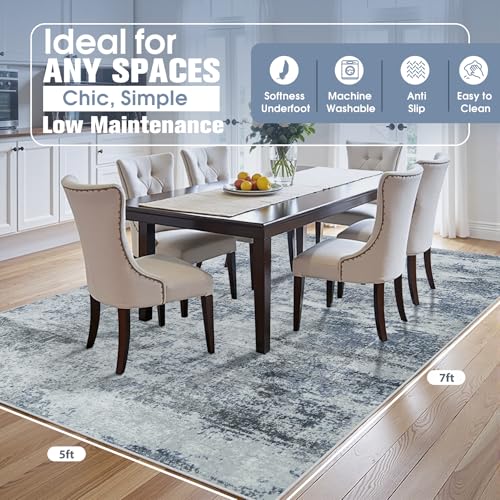 Blue Grey 5x7 Washable Area Rug for Living Room Bedroom Dining Room - Anti-Slip