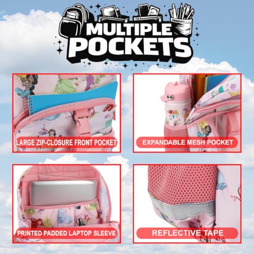 Disney Princess Pink AOP Character 16" Backpack & Lunch Box Set with Stainless Steel Water Bottle