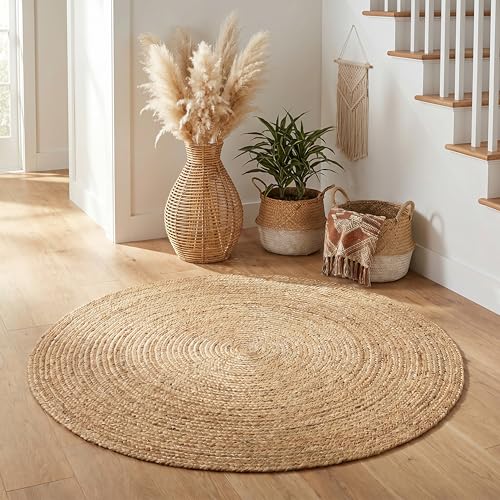 Natural Jute Braided Area Rug - 4 Feet Round, Farmhouse & Coastal Style