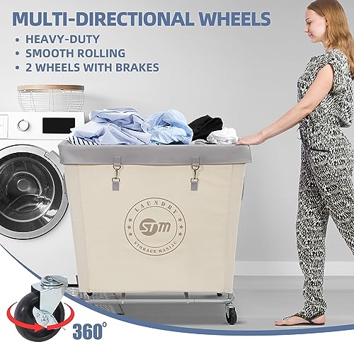 Laundry Hamper with Steel Frame - Large Beige 320L Commercial Storage Cart - Heavy Duty Wheels