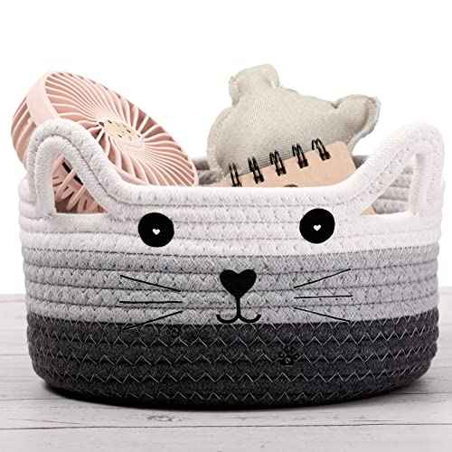 Zopeal Cat Basket Storage Woven Organizer with Ears Christmas Decorative Pet Toy Cute Cotton Rope Basket for Gift Cat Dog Toy Bin Nursery Room(8.3 x 4.7 Inch,White, Light Gray and Gray)