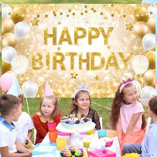 Gold Happy Birthday Decorations Large White Gold Birthday Banner for Women Men Backdrop Banner Poster for Girls Boys Christmas Bday Baby Shower Anniversary Party Supplies