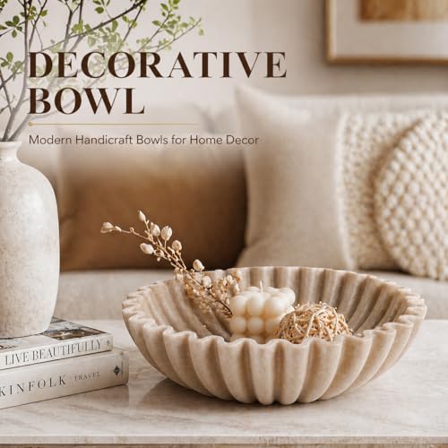 Beige Large Decorative Ruffle Bowl - Modern Handmade Fruit & Key Organizer, 10-inch Wide Home Decor