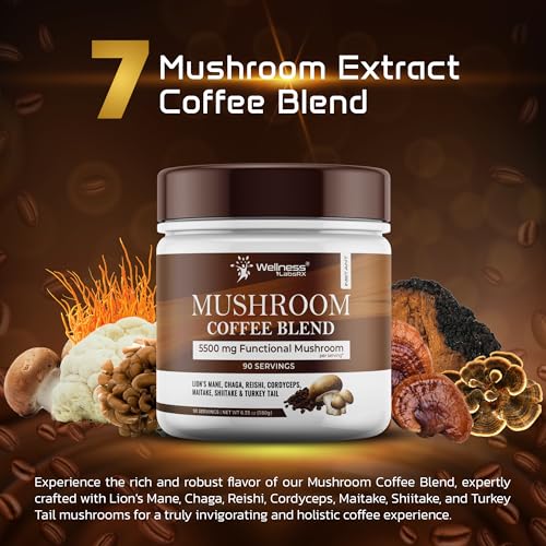 Organic Mushroom Coffee Instant Pack of 2 - 6.35oz, 7 Superfood Mushrooms Blend, 180 Servings