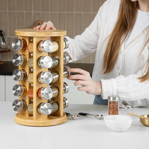 Orii 20 Jar Bamboo Spice Rack with Spices & Free Refill Program