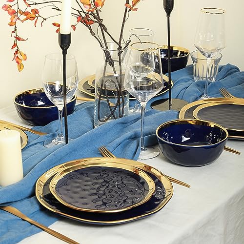 Stone Lain 16-Piece Porcelain Dinnerware Set for 4, Blue with Gold Rim, Dark Blue