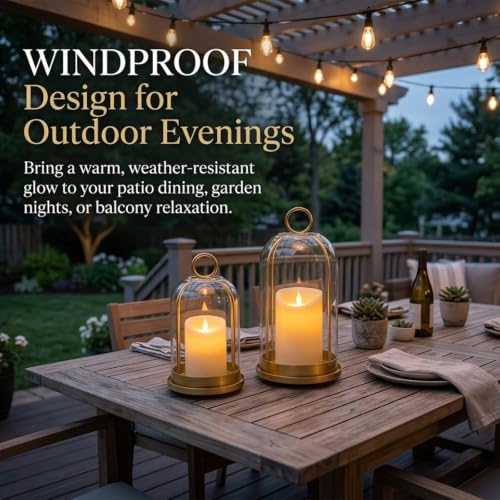 Gold Hurricane Candle Holders Set - Vintage Lanterns with LED Candles, 4” & 5”