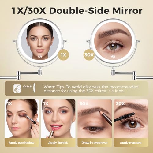 Wall Mounted Makeup Mirror 8 Inch 1X/30X LED Rechargeable with Metal Arm