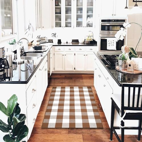Homydecor Coffee & White Buffalo Plaid Outdoor Rug 4'x6' Farmhouse Welcome Mat