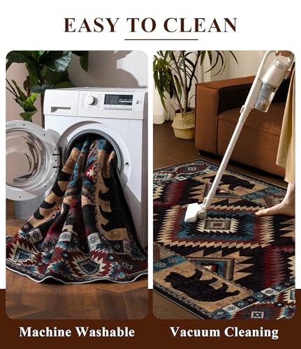 Bear 5x7 Washable Rustic Cabin Area Rug - Non Slip, Pet Friendly, Low Pile