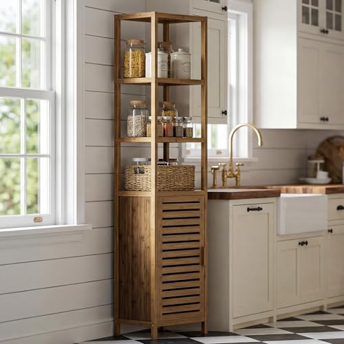 Walnut Bamboo Bathroom Tall Cabinet - 6 Tier Narrow Storage Unit with Removable Shelves