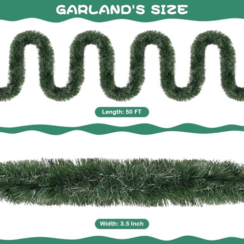 PAKSPAK 50FT-Green Christmas Tinsel Garland, White-Red? No, Green - 50ft Thick Metallic Faux PVC Outdoor/Indoor