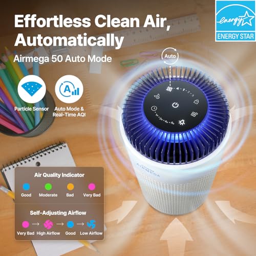 Coway Airmega 50 Air Purifier Bundle with 16-Month Filter Supply - VALUE-PACK, True HEPA, Smoke & Allergies, Auto Mode, White