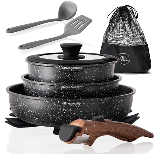 Kitchen Academy Black Removable Handle Induction Cookware Set - 10 Piece Non-Stick Pots & Pans for RV & Camping