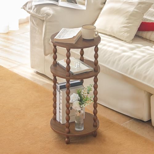 Small Round End Table with 3-Tier Open Shelves - Walnut Brown