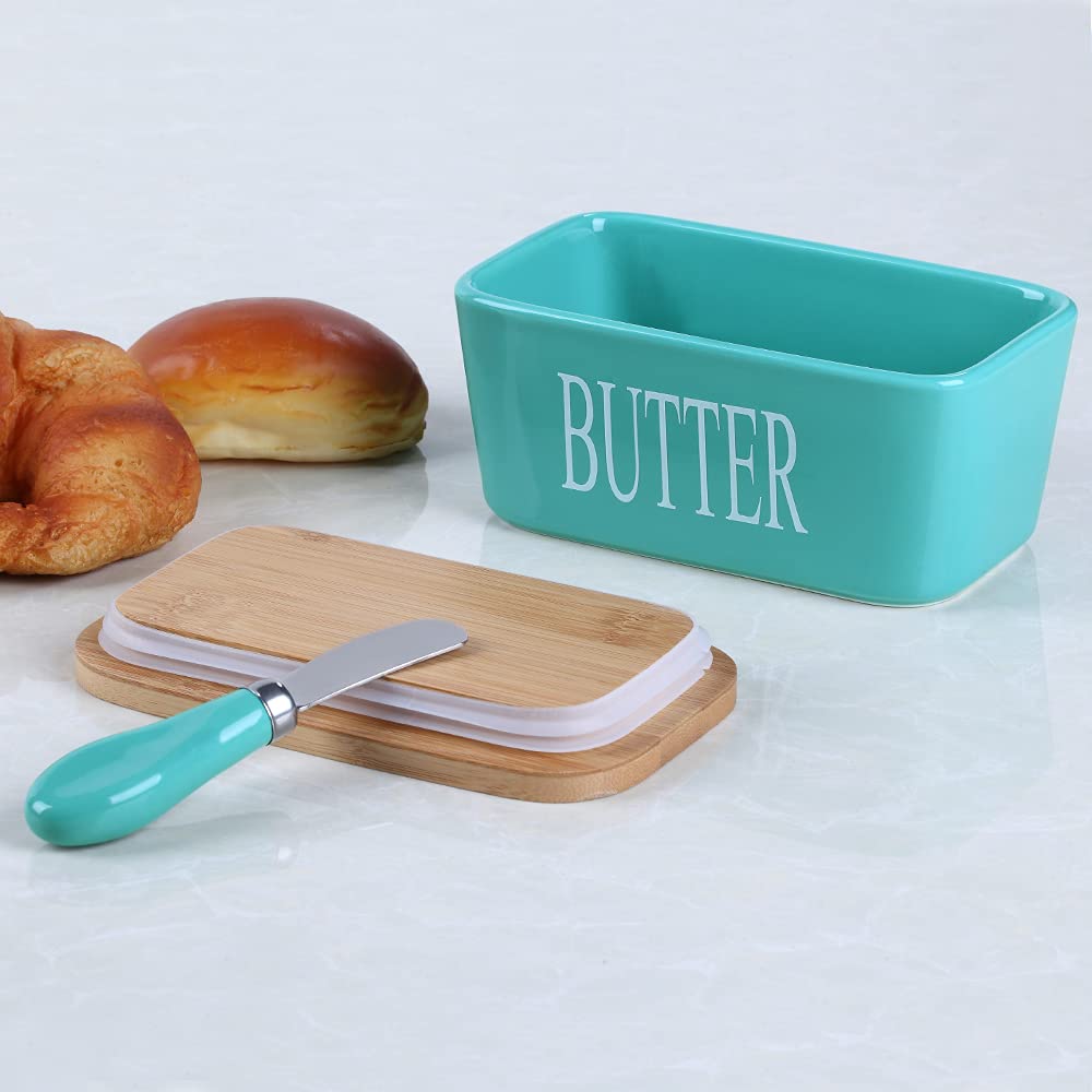 Lxmons Ceramic Butter Dish with Wooden Lid, Large Butters Container Keeper Storage with Stainless Steel Knife Spreader, Bamboo Cover and Silicone Sealing Ring for West East Coast, Aqua