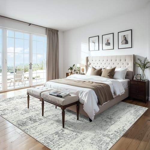 Grey 5x7 Modern Abstract Washable Area Rug - Living Room Carpet