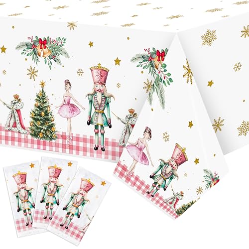 3 Packs Nutcracker Plastic Tablecloth Decorations, Pink Plaid Nutcracker Christmas Tree Disposable Waterproof Table Covers, Nutcracker Soldier Tablecloth for Dining Table Party Supplies