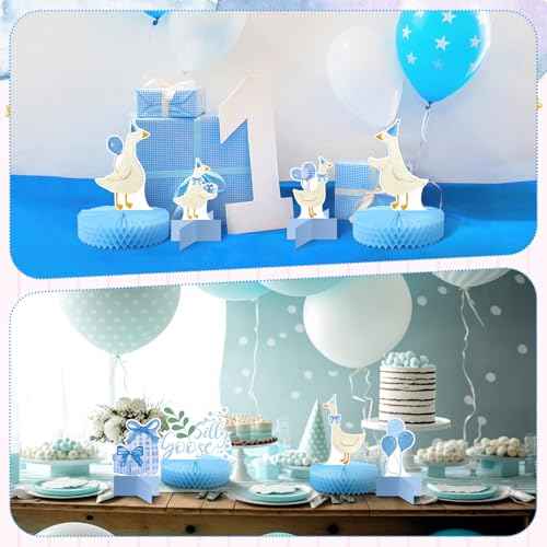 Lincia 12 Pcs Silly Goose Birthday Party Decorations Birthday Honeycomb Centerpieces Silly Goose Cake Balloon Topper for Bow Duck Party Supplies(Blue)