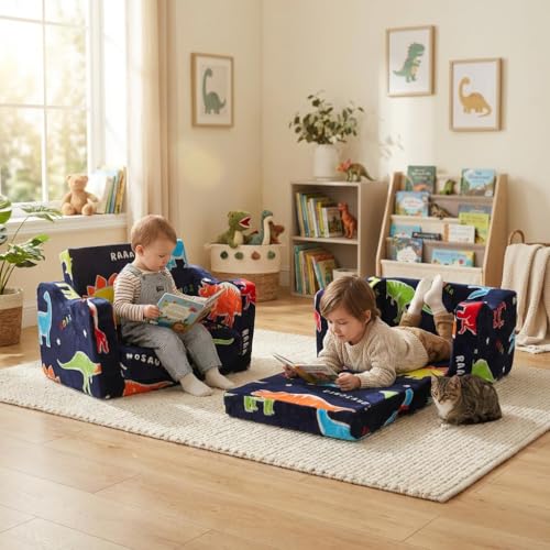 ONEKUKA Blue Glow-in-the-Dark Dinosaur Toddler Couch 2-in-1 Kids Play & Reading Seat