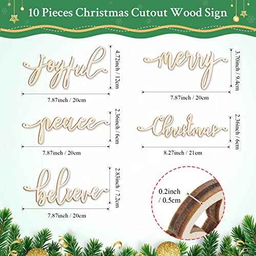 Jetec 10 Pcs Christmas Beige Letter Cutout Sign Wooden Word Sign Ornaments Letter Hanging Craft for Xmas Tree Merry Joyful Peace Believe Cutout Plates Table Decors for Rustic Farmhouse Winter Home