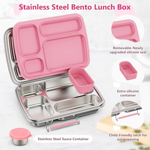 Pink Stainless Steel Bento Lunch Box for Kids & Adults, 4 Compartments, Sauce Container