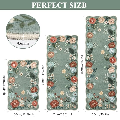 Homcomoda Grass Green Floral Kitchen Rugs 3PC Set Non Slip Washable Floor Mats
