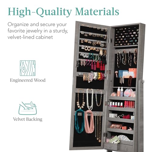 Gray Oak Jewelry Armoire Cabinet with Mirror, Lockable Makeup Storage & 5 Shelves