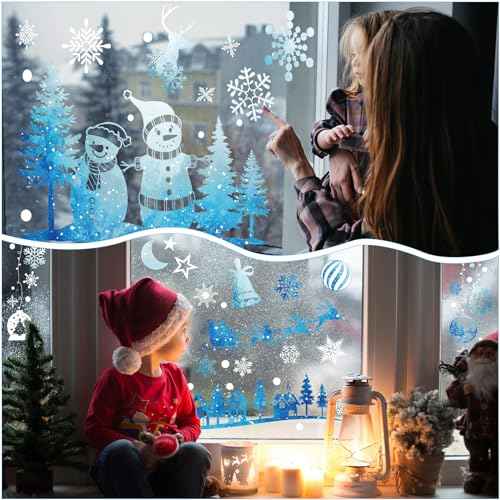 Cinrobiye 172Pcs Christmas Snowflake Window Clings Winter Wonderland Decal Stickers Let it Snow Reindeer Snowman Window Seasons Decals for Elk Snowball Holiday Home Kitchen Living Room,9 Sheets